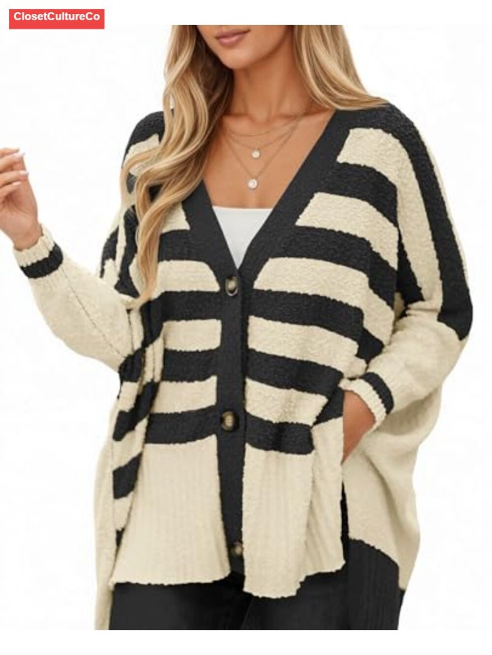 Oversized Fuzzy Knit Striped Cardigan Button Down V Neck